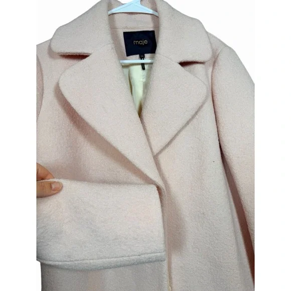 Maje Paris 36/4 Pink Wool Coat Boucle Long Jacket Minimalist Soft Blush Lined - Picture 8 of 16